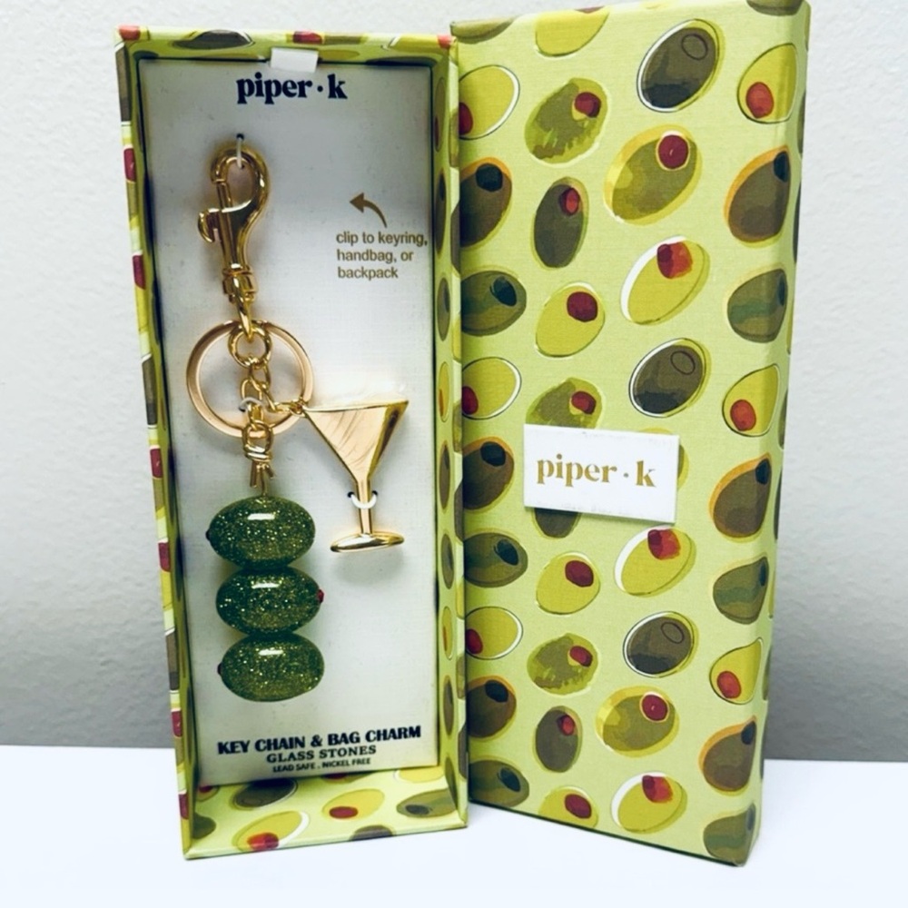 New Piper K Martini Olive Keychain Bag Charm Gold Tone Keyring Purse Accessory